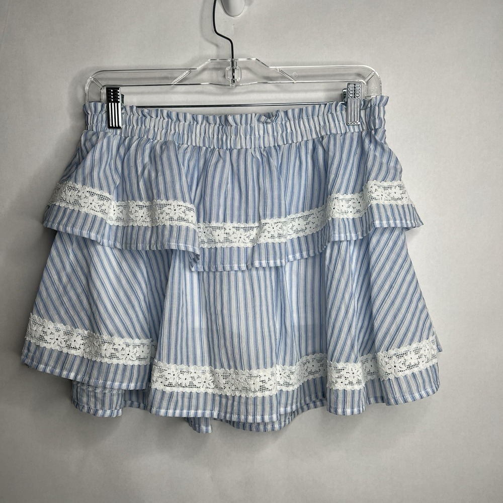 NEW Wild Fable Skirt S Blue White Striped Ticking Ruffle‎ Tiered Mini Skort Lace